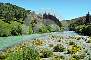 Hurunui River and river bed in Spring, Canterbury, New Zealand