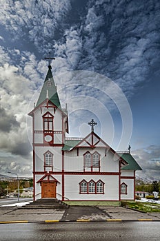 Husavik Church. Beautiful view of the historic town of Husavik