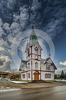 Husavik Church. Beautiful view of the historic town of Husavik