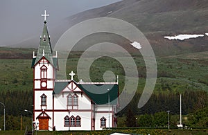 Husavik church at Husavik harbor, Iceland