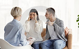 Husband Blaming Wife For Ruining Marriage Sitting In Therapist`s Office