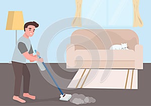 The husband cleans the house using a vacuum cleaner. House cleaning vector flat style cartoon illustration