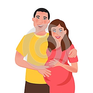 Husband and pregnant wife hugging and smiling. Family relation. Romantic feelings and love. Vector illustration