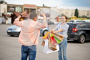 Husband is shocked by wife's purchases, parking