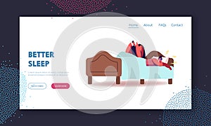 Husband Suffering of Sleeping Wife Snoring Landing Page Template. Female Character Snore at Sleep