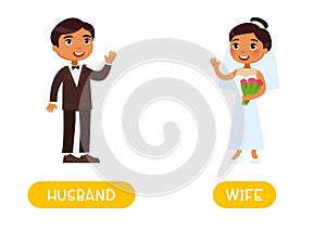 Husband and wife antonyms word card  Opposites concept. Dark skin couple. Flashcard for English language learning.