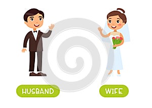 Husband and wife antonyms word card vector template. Opposites concept.