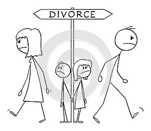 Husband and Wife in Divorce, Children Watching Their Separation, Vector Cartoon Stick Figure Illustration