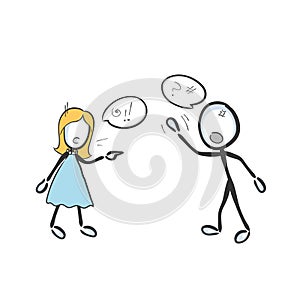 Husband and wife fight shout and argue. Parental conflict and divorce. Domestic violence. Hand drawn. Stickman cartoon. Doodle