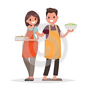 Husband and wife are preparing together on an isolated background. Vector illustration in a flat style