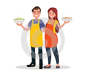 Husband and wife are preparing together on an isolated background