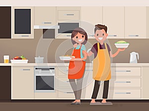 Husband and wife are preparing together. Man and woman in the kitchen. Vector illustration