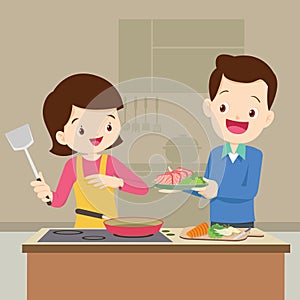 Husband and wife are preparing together