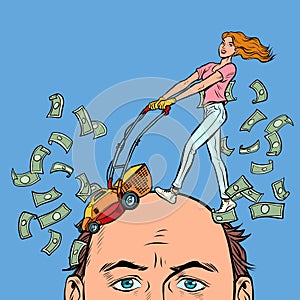 Husband and wife, problems because of money. Expensive divorce, financial litigation concept. Haircut dollars