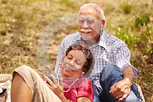 Husband And Wife Senior Man Woman Listening Music