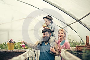 Husbandry with happy family. happy family keep husbandry. husbandry with happy family in greenhouse. husbandry with