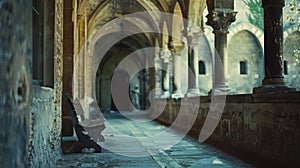 The hushed silence of a peaceful hallway in a 12th century cloister inviting rest and reflection. 2d flat cartoon photo
