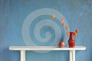 Husk tomato plant flowers in vase on white wooden shelf