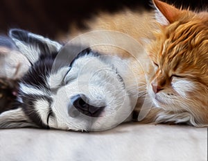 Huski dog and a red cat sleeping next to each other