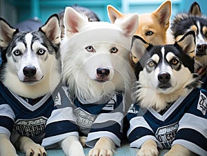 Huskies in hockey gear on ice