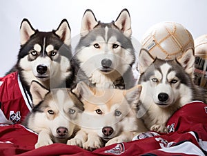 Huskies in hockey gear on ice