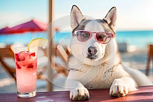 Husky breed dog is resting on the beach with a cocktail. Resort holiday concept. Generative AI