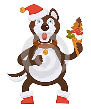 Husky dog in collar and Christmas hat holds ice cream