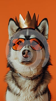 Husky Dog dressed in orange sunglasses and golden crown on orange background. Kingsday celebration in the Netherlands