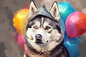 a husky dog with hats and balloons, in the style of photorealistic pastiche, photorealistic. Generative AI