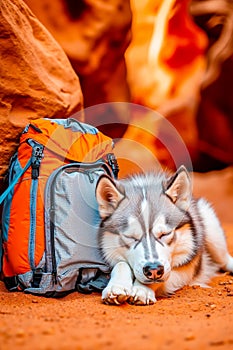 A husky dog laying on the ground next to a backpack