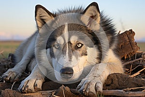 a husky dog laying on top of a pile of logs