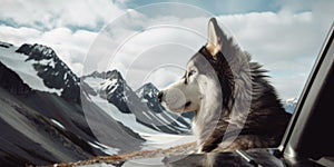 A husky dog looking out of a car window. Generative AI image.