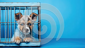 Husky dog puppy sitting inside of a close cage on isolated blue background with space for copy