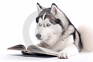 A husky dog is reading a book isolated on white background. A smart dog is reading a book.