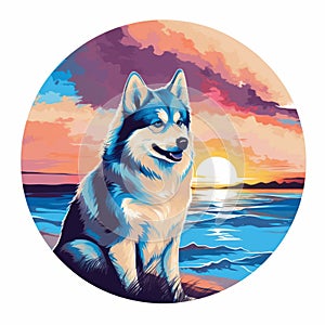 Siberian Husky Beach Sunset Canvas Painting
