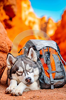 A husky dog sleeping next to a backpack on the ground