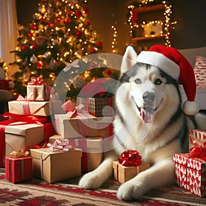 husky dog wearing santa hat amongst