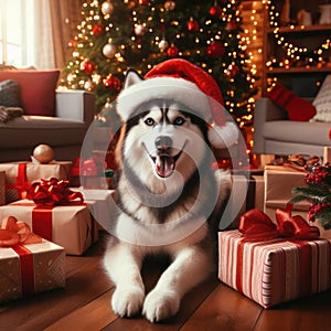 husky dog wearing santa hat amongst the gifts