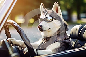 A husky dog wearing sunglasses navigates the car, portraying a holiday drive. Pet travel scene