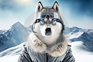 Husky dog wearing winter coat and goggles in front of snowy mountain. Generative AI