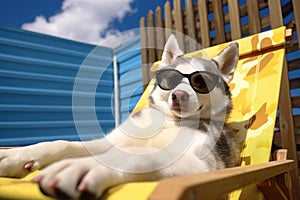 husky dog with yellow sunglasses lounging on a deck chair