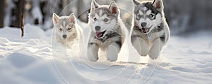 Husky dogs puppies running through the snow in winter path