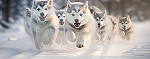 Husky dogs puppies running through the snow in winter path