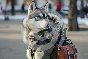 husky with a fauxfur lined coat and a messenger bag
