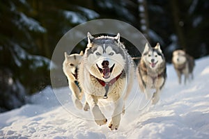 Husky in full sprint during an exhilarating sled dog racing event
