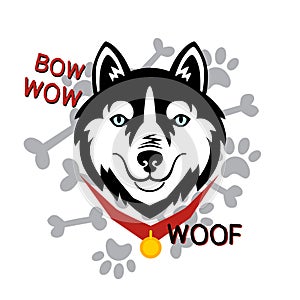 Husky head dog woof, bone, paw vector design