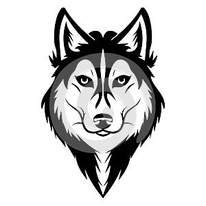 Husky logo. Portrait of a husky. Black and white dog head. Illustration of a pet. Tattoo.