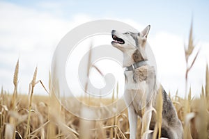 husky mix howling in the open farmland