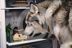 husky nosing open a fridge to lick a piece of cake on the bottom shelf photo