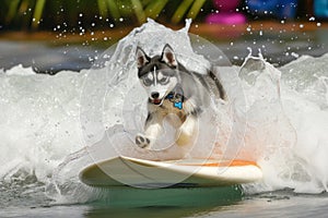 husky pup on surfboard with a big splash behind